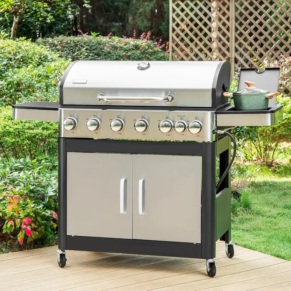 6-Burner Propane Gas BBQ Grill with Side Burner & Porcelain-Enameled Cast Iron Grate, 65,800 BTU Output Barbecue Grill