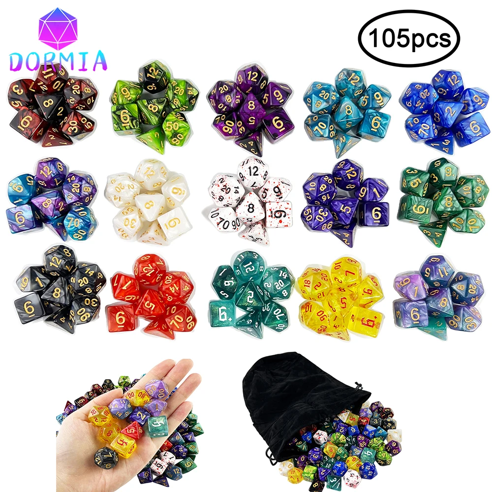 105pcs Dice Set with Bag for DND RPG Party/Family Table Board Role Playing Game Dados D4 D6 D8 D10 D% D12 D20