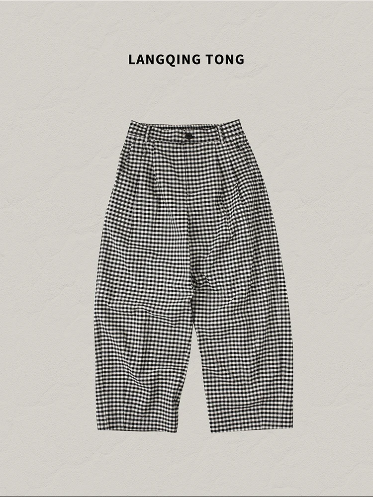 

Beibei Small Size Pure Cotton Plaid Nine-Tenths Wide Leg Pants Women's Summer Thin Loose Scythe Pants Casual Straight Leg Tro...