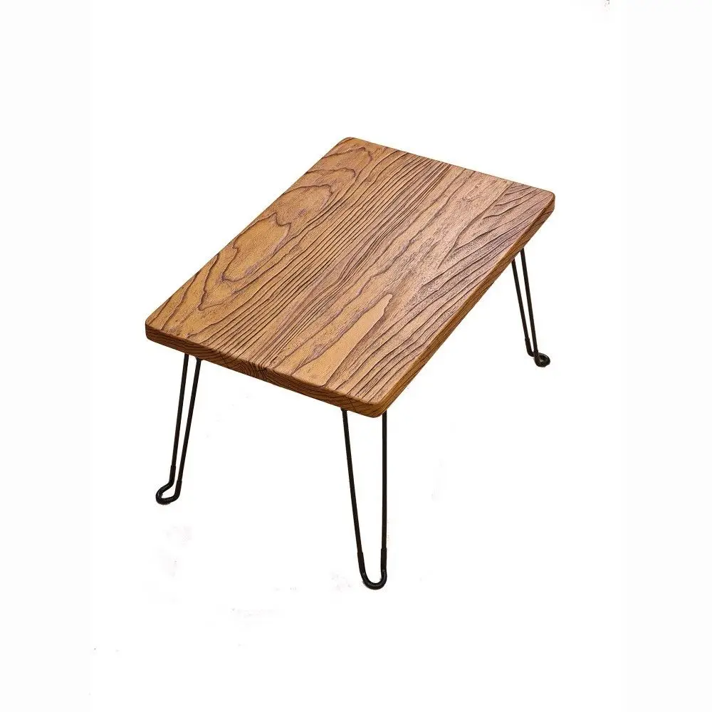 Natural Wood Folding Low Camping Table, Portable Lightweight Small Floor Table with Metal Legs, Rustic Rectangular Low Tea Table