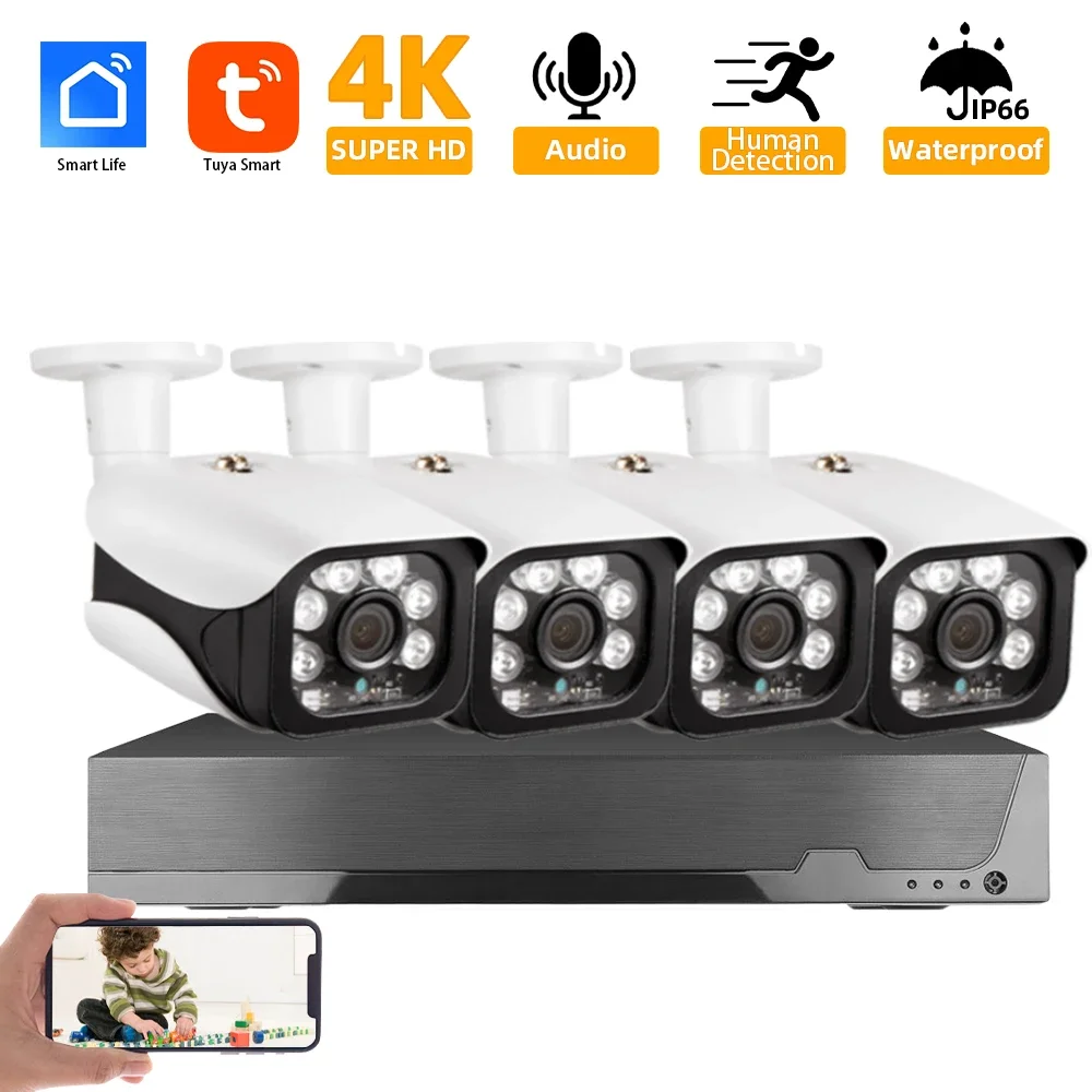 

Tuya 4K POE система видеонаблюдения комплект уличная водонепроницаемая пулевидная IP-камера комплект видеонаблюдения для обнаружения человека 8MP POE NVR комплект