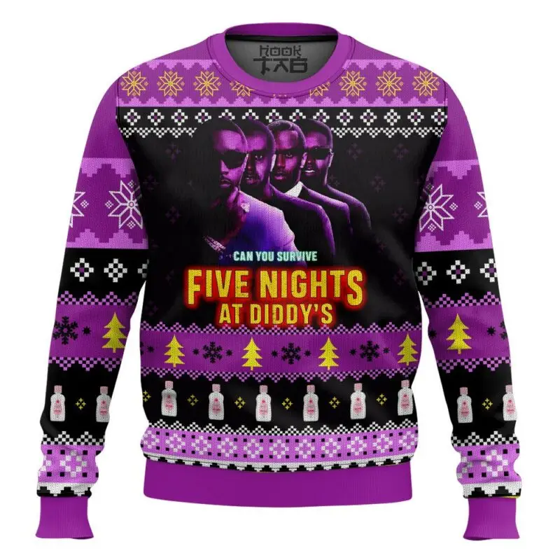 

Рождественский уродливый свитер Five Nights at Diddy's Purple, праздничная атмосфера, свитер с круглым вырезом, веер, праздничная одежда, универсальная уличная одежда