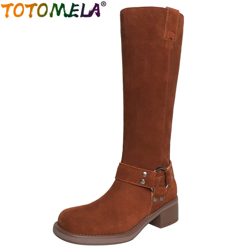 

TOTOMELA 2024 New Cow Suede Leather Knee High Boots Fashion Female Slip On Motorcycle Boots Square Med Heels Women Shoes