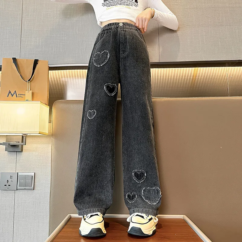 2024 Spring Autumn Girls Love Rough Edges Jean Korean Version Style Kids Middle Waist Cowboy Pants Elastic Waist Long Pants