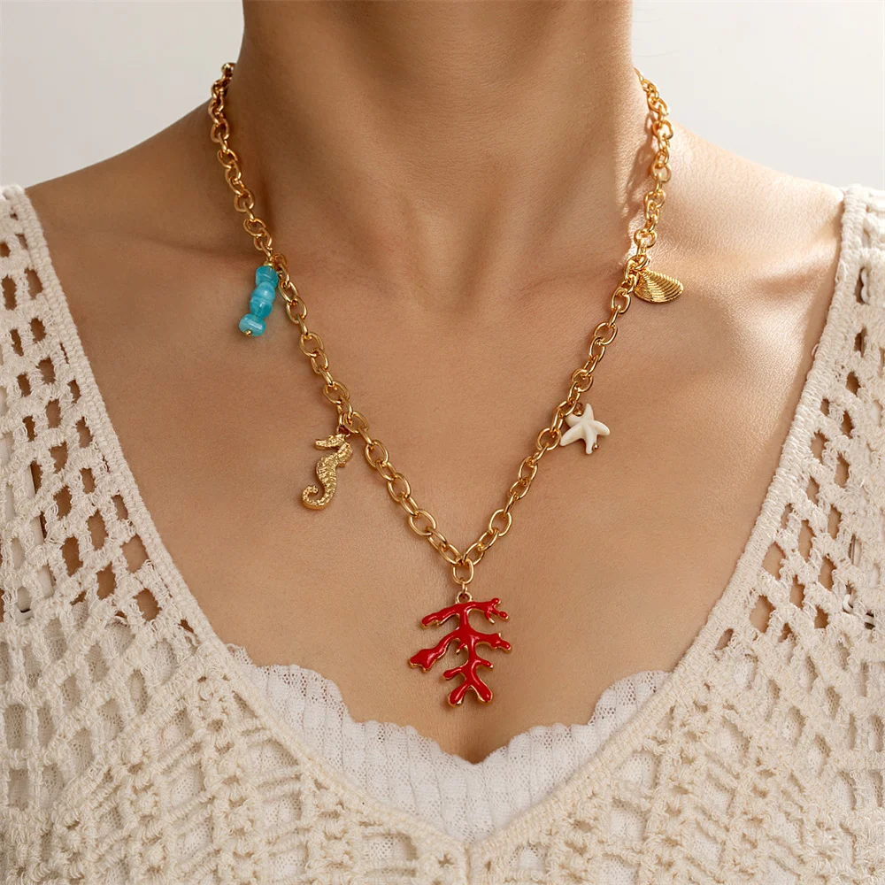 Fashion Beach Wind Ocean Elements Ceramic Small Fish Elephant Red Coral Sea Turtle Pendant Colorful Beaded Necklace - view 2