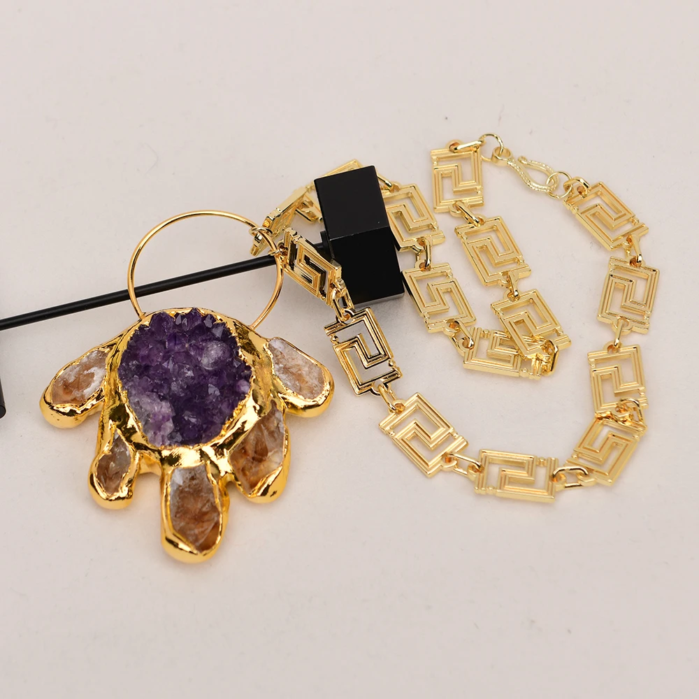 G-G Large piece Jewelry 24K Yellow Gold Plated Chain Necklace Huge Amethyst Druzy Raw Citrine Pendant Lady Holiday Gifts