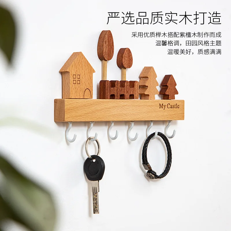 Creative New Wall Mounted Entrance Key Storage Rack With Solid Wood Wall Key Hooks, No Drilling Required Enter The Door