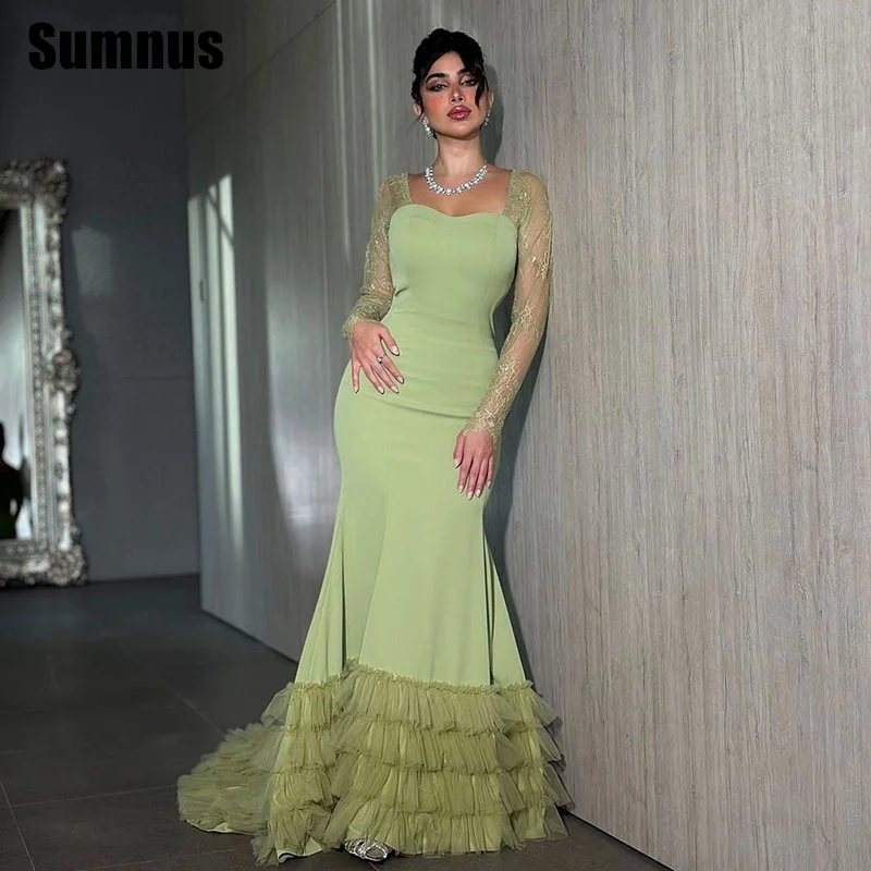 

SUMNUS Green Mermaid Prom Dresses Elegant Long Sleeves Party Dresses Floor-Length Formal Gowns 2024 With Tulle Customized