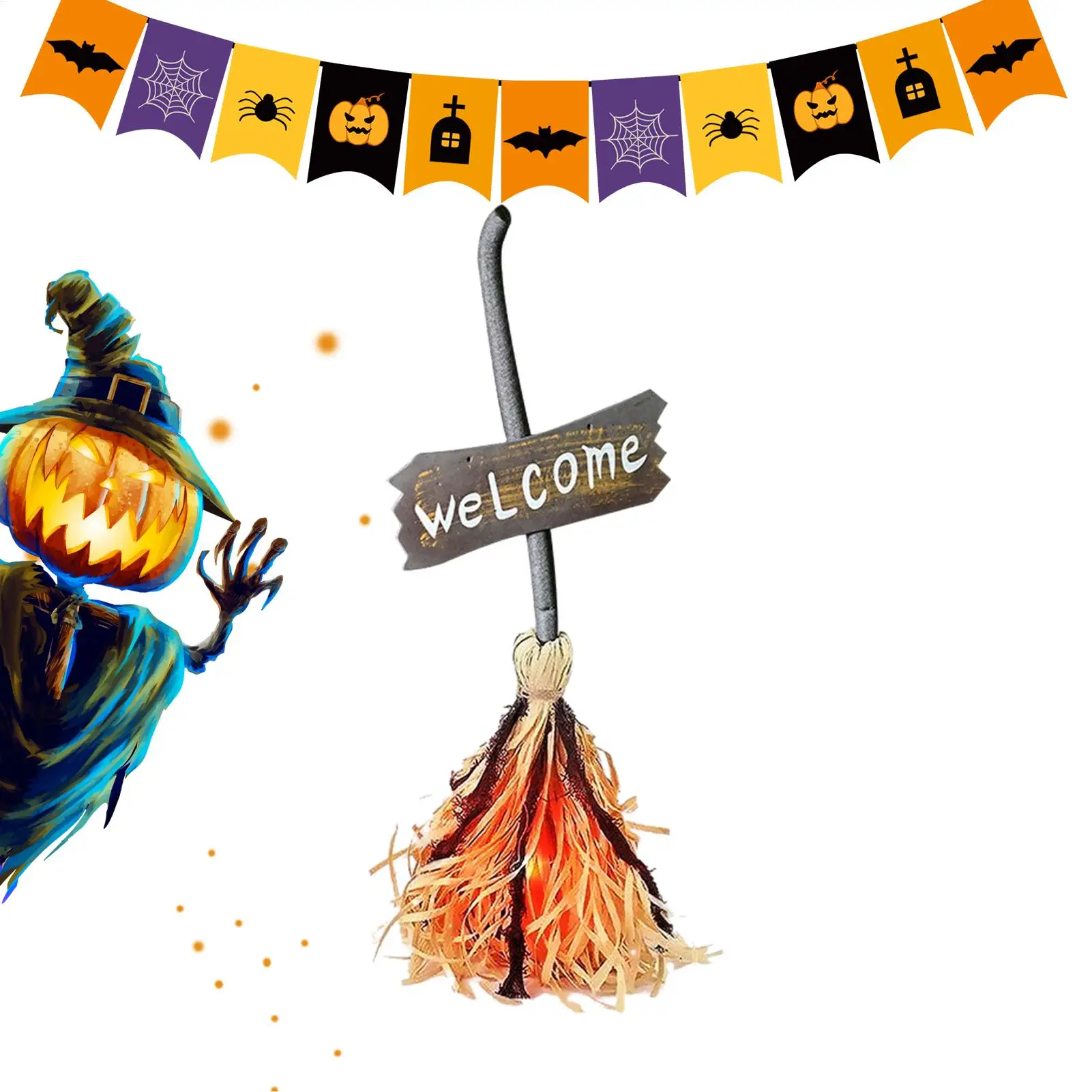 

Плавающая метла ведьмы, летающая метла ведьмы на Хэллоуин, освещенная реалистичная прогулочная сцена, реквизит со страшным сметелем для домашних советов