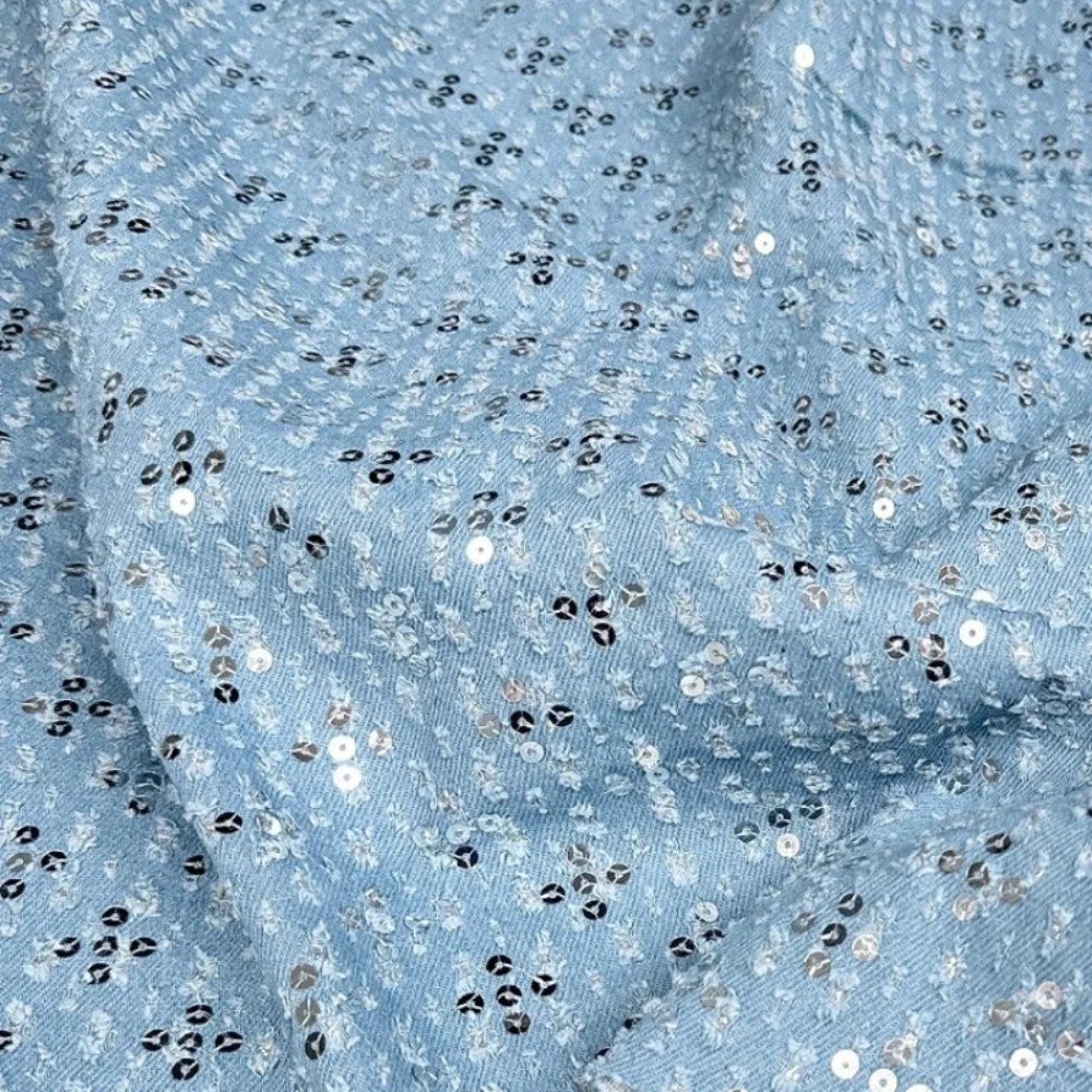 Broken Hole Blue Embroidered Sequin Denim Fabric Coat Skirt Pants Fashion Clothing Designer Fabrics for Diy Sewing Cloth