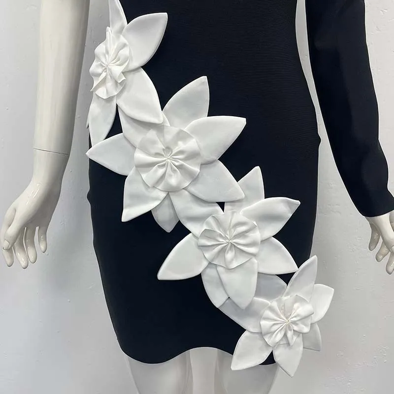 Luxe diagonale kraag lange mouw bloemen patchwork bandage mini-jurk dames zwart een schouder bloemen bodycon jurken avond