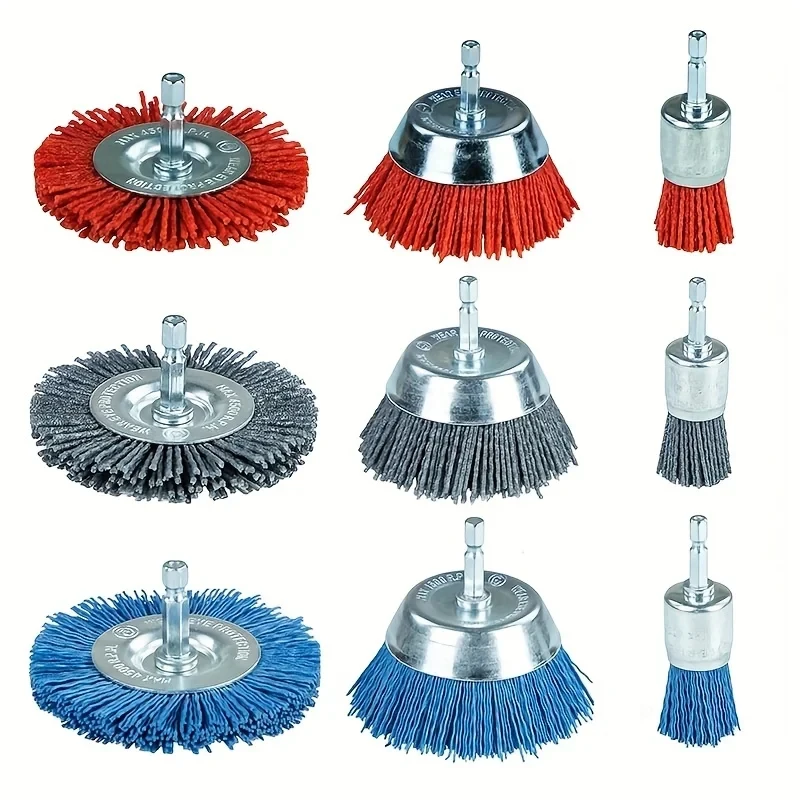 Abrasive Brushes 1/4 Inch Hex Shank 9-Piece Set  Abrasive Wire Brush Wheel Nylon Filament Drill Wheel Cup Brush Versatile