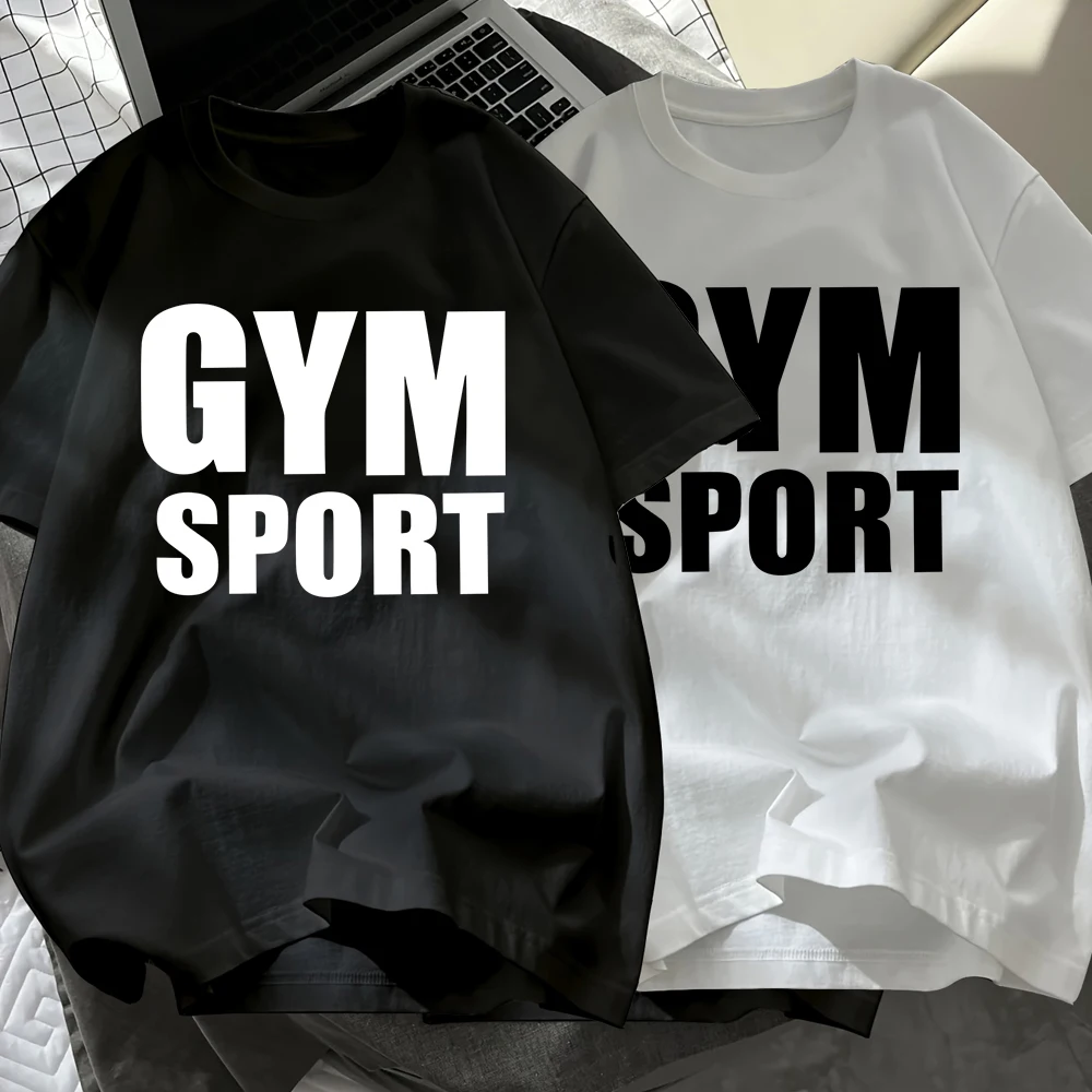 

Gym Sport Letter Prints Men T-Shirt Cotton Summer Soft Oversized Black White Set Tops O-Neck Short Sleeve T Shirt Casual Clothes