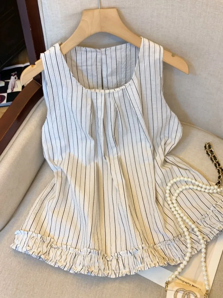 

Summer Cotton Linen Svel Striped irt for Women Square Collar Easy Wear Daily Light Weight Breathable Gingham Blouse