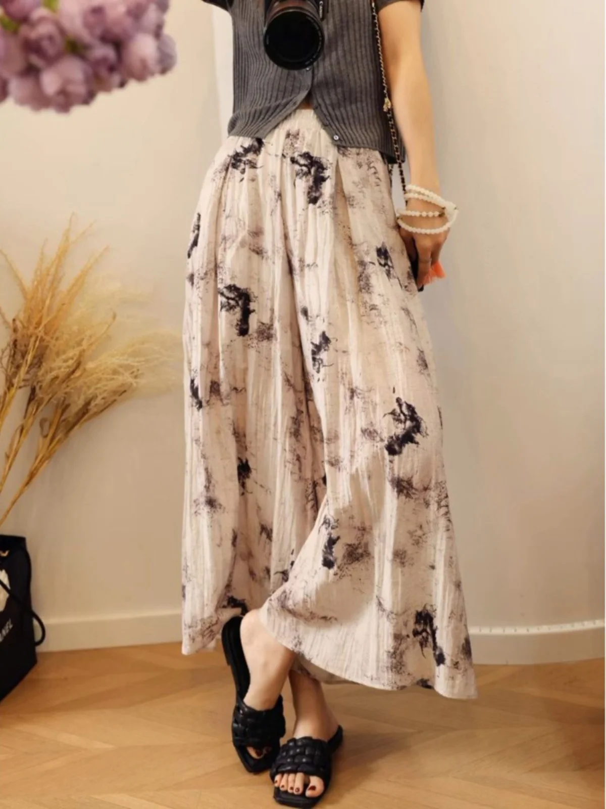 

Легкие крутые льняные широкие брюки с принтом водяных чернил и высокой талией, повседневные свободные прямые длинные брюки для женщин больших размеров