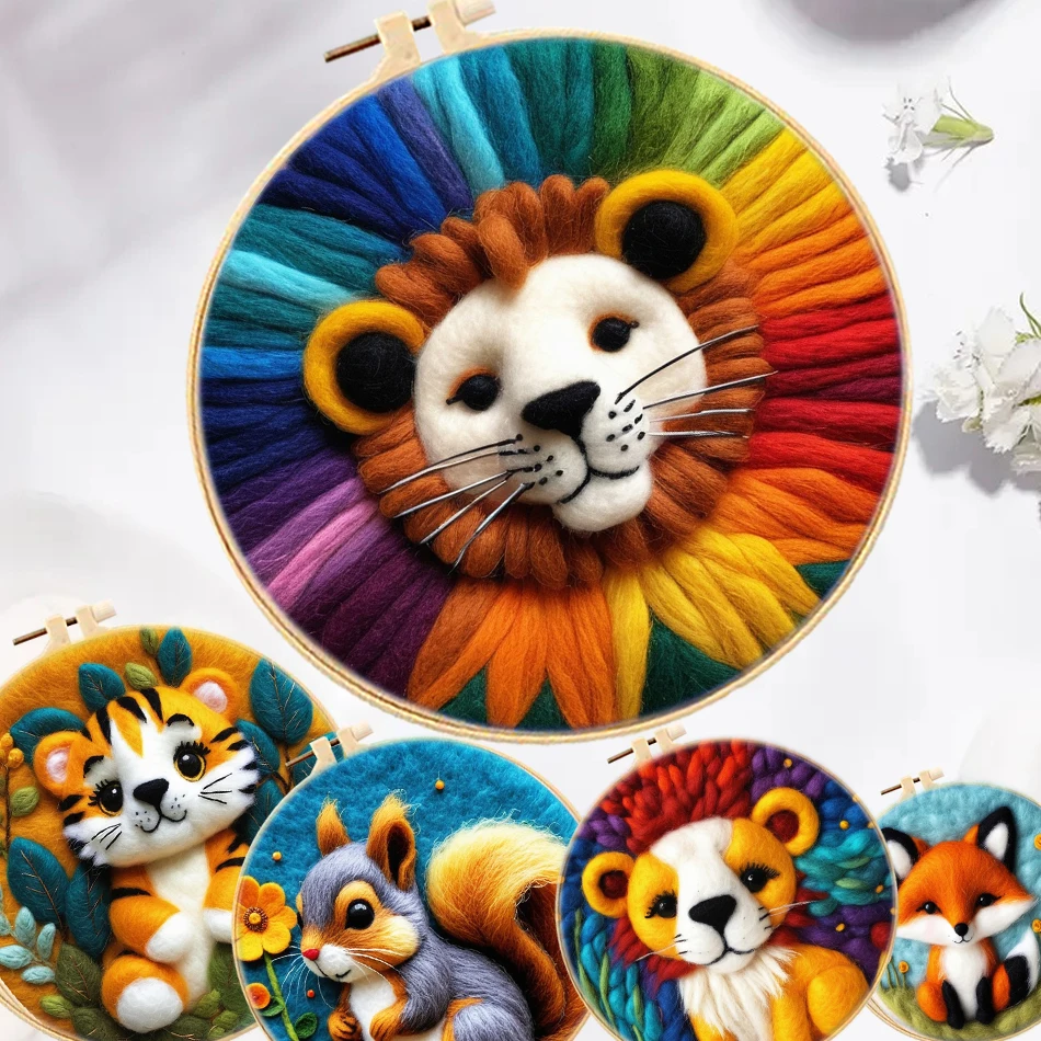 

Needle Felting Set Painting With Embroidery Frame Animal Picture Handicrafts Felt Painting Kit for Beginners Home Decoration