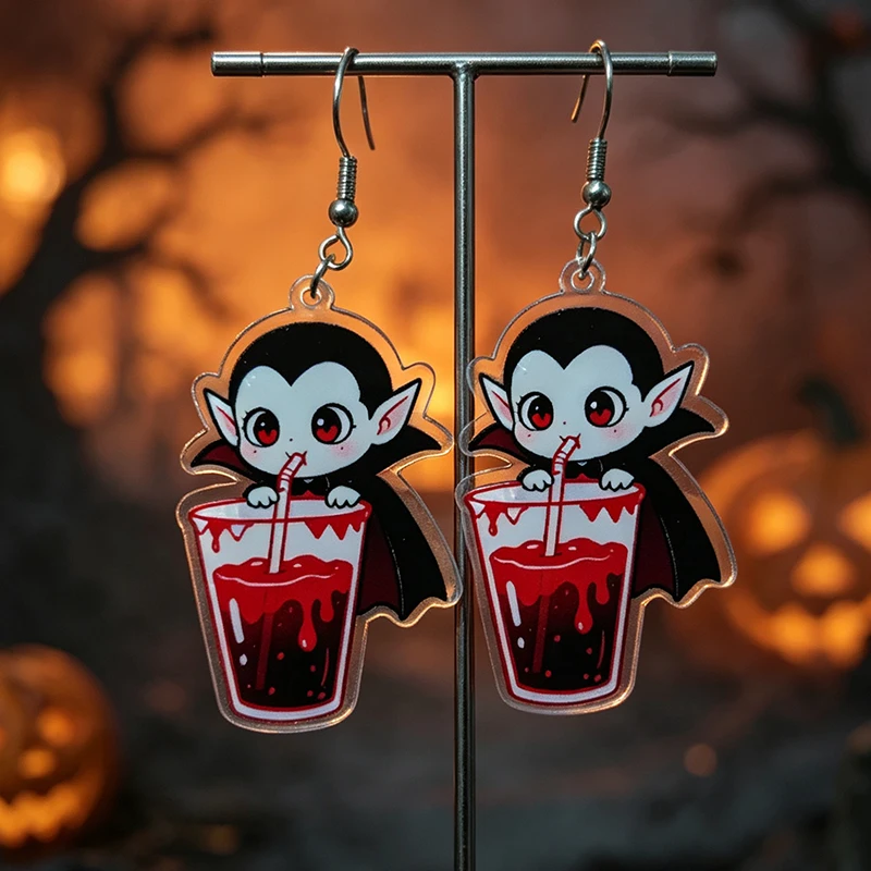 Q-version Vampire Halloween Little Count Earrings Sweet Cool Funny Blood Milk Tea Soft Cute Gothic Style Atmosphere Earrings