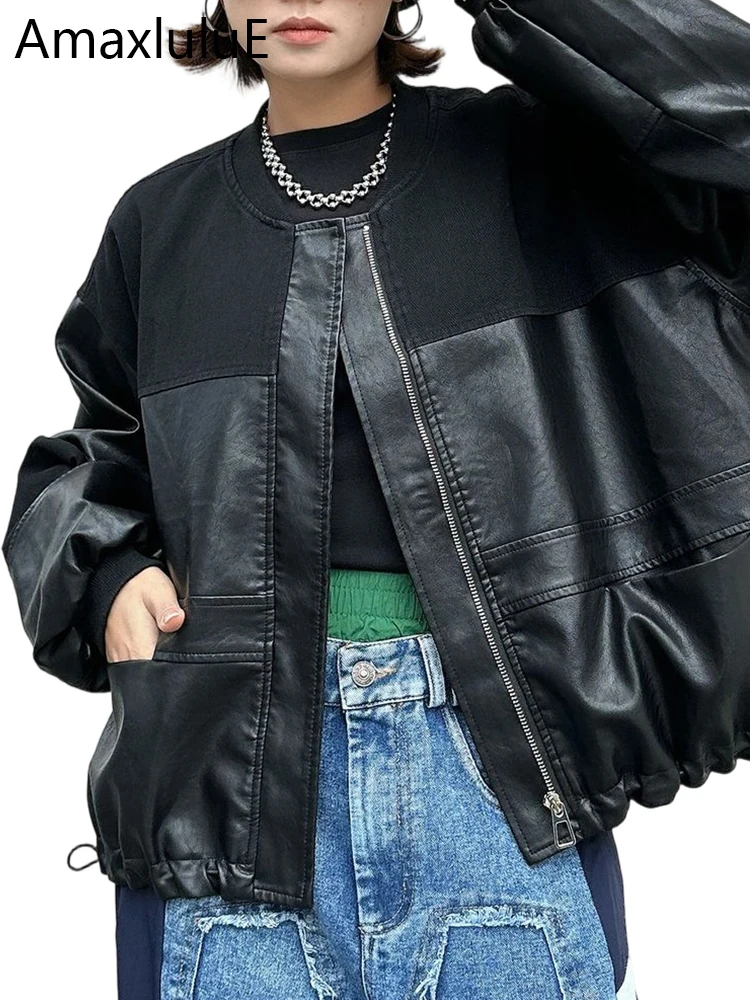 

Amax LuluE корейские 2025 зимние женские байкерские куртки из искусственной кожи, свободные винтажные пальто из искусственной кожи для отдыха, женская модная верхняя одежда больших размеров