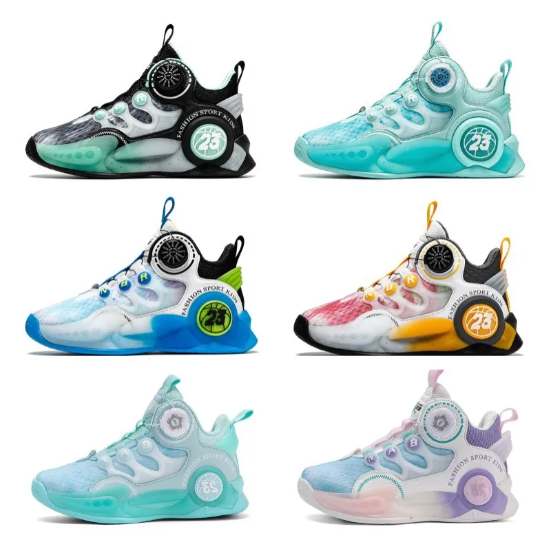 Children's 2023 New Rotary Buckle Kids' Shoe Fluorescent Glow Mesh Basketball Shoe Breathable Casual Children's Shoes Sneakers