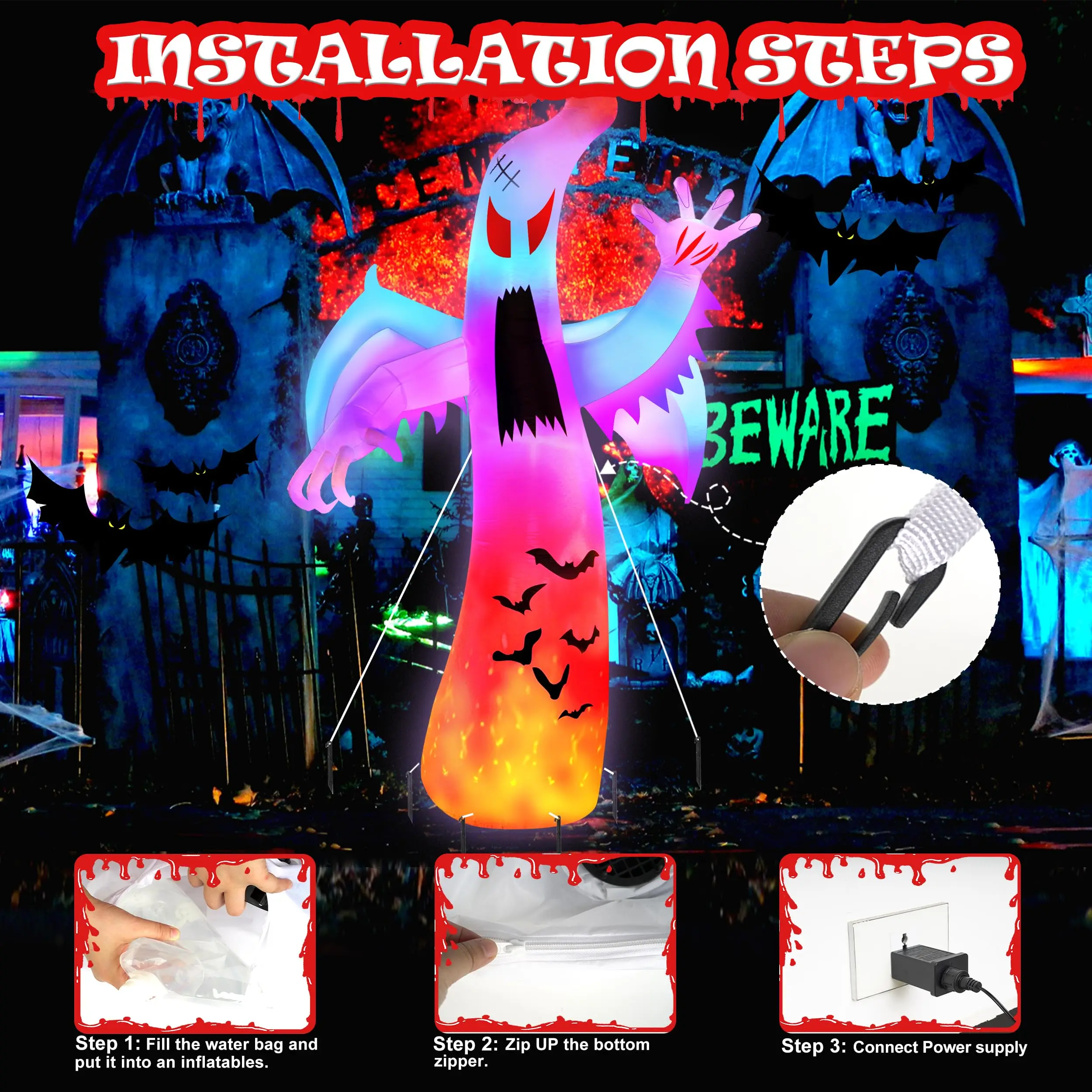11.8 FT Halloween Inflatables Ghost Outdoor Decor Scary Red Eye Ghost with Built-in LEDs for Garden Lawn Party Decorations Prop