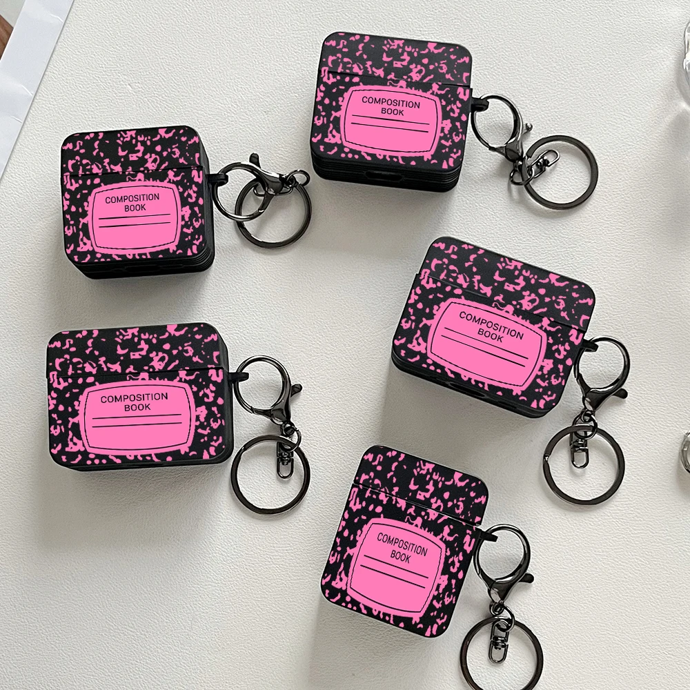 AirPods Pro3/Pro2/Pro, AirPods 1/2/3/4용 핑크색 작문책 패턴 이어폰 케이스, 키체인이 있는 충격 방지 보호 커버