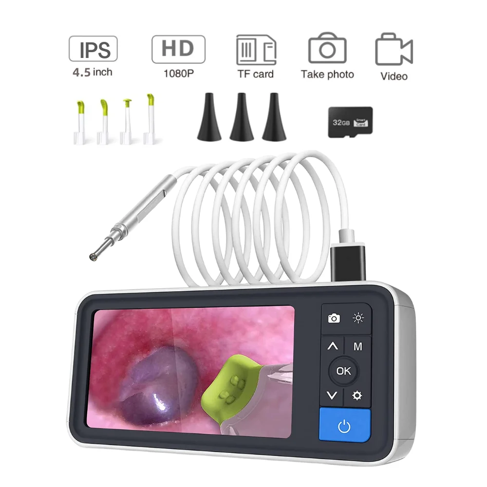 

Digital Video Otoscope with 4.5 Inches Screen 3.9mm Ear Endoscope Camera 1080P HD Ear Wax Cleaner Tool with 6 LED Lights 32G