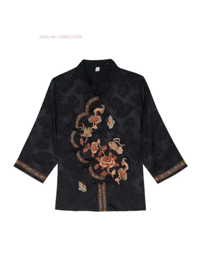 بلوزة صينية عتيقة لعام 2025 بلوزة جاكار مطرزة بالزهور الوطنية بياقة واقفة بلوزة هانفو العرقية الرجعية بلوزة شعبية سترة #6