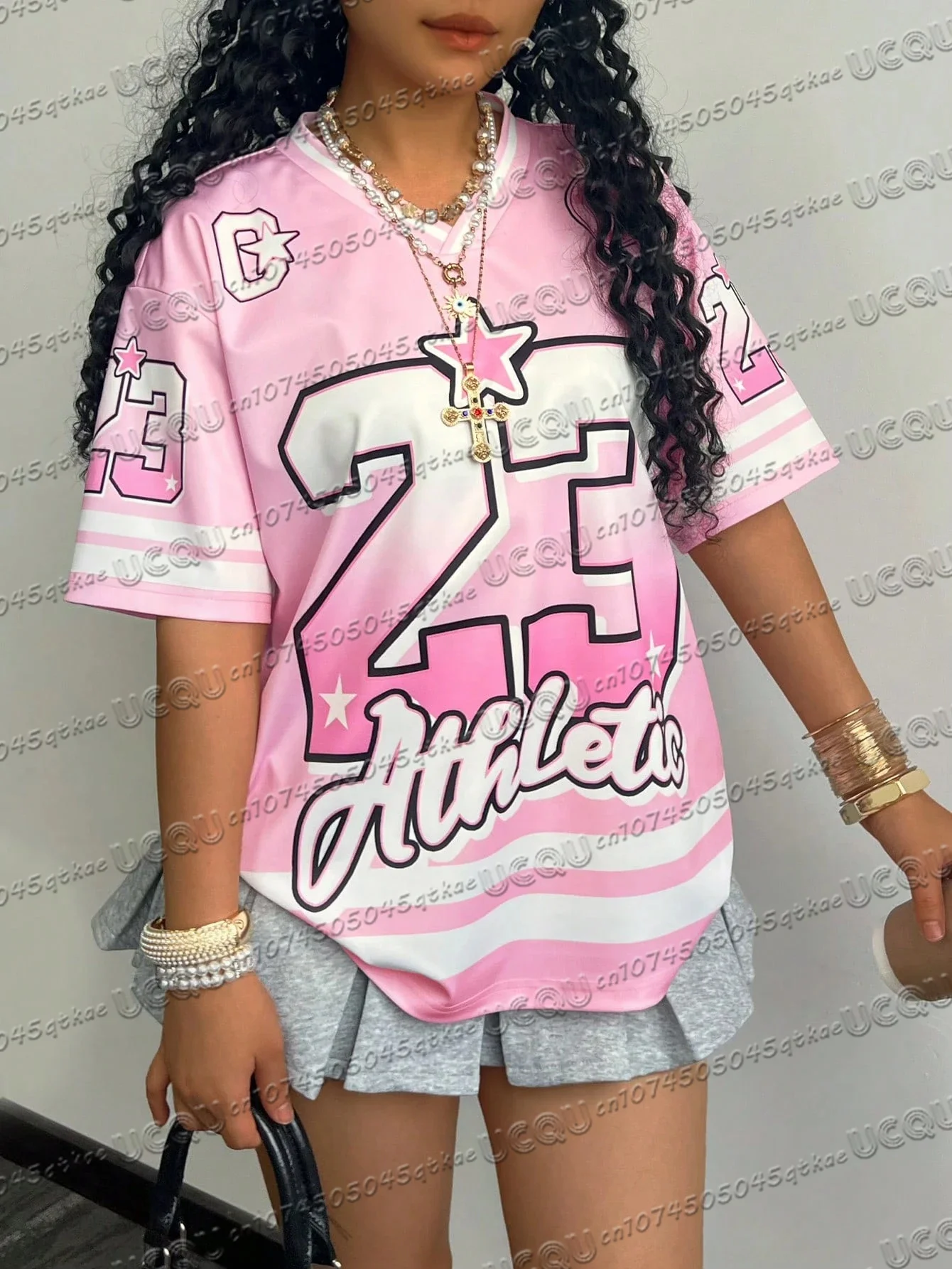 Pink Number 23 Printed Jersey T-Shirt For Summer Women'S V-Neck Sports Short Sleeved Casual Travel Teey2k Fashion Clothing Top - view 2