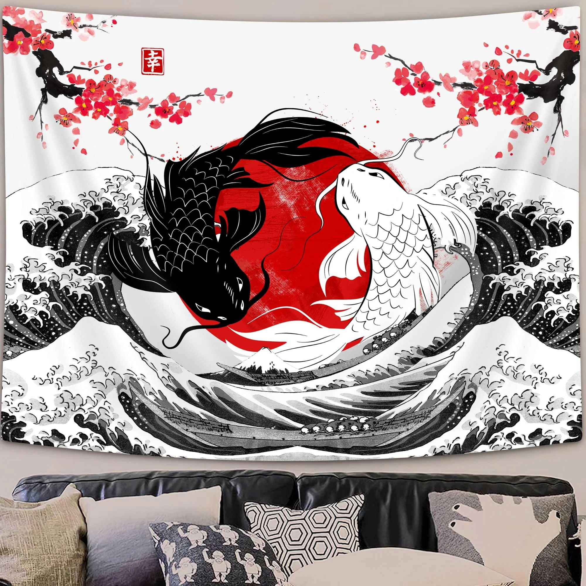 VIKAMA Yin-Yang Koi Ukiyo-e Tapestry Red and Black Tai Chi Living Room and Bedroom Wall Hanging Dormitory and Guesthouse Decor