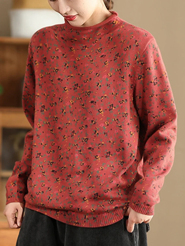 Amax luluE Turtleneck Winter Ladies Printed Casual Pullover Classic Cotton Sweaters Vintage Loose Elegant Floral Knitted Clothes