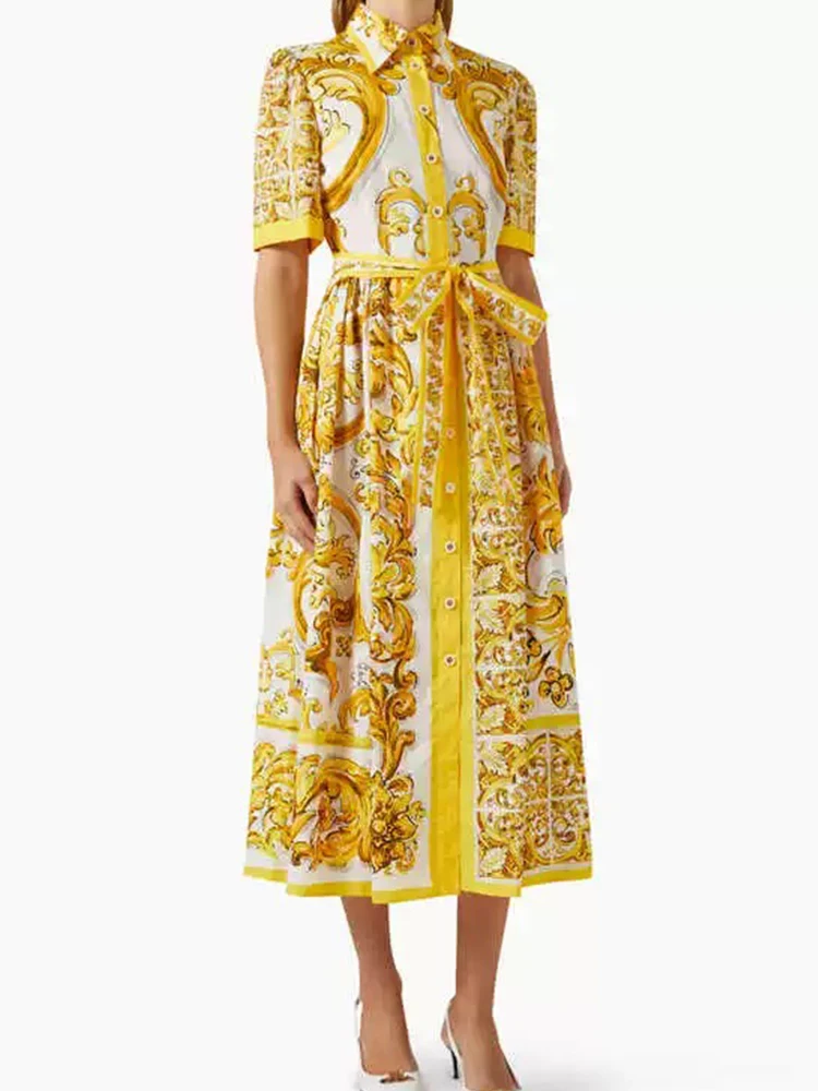 

2025 summer catwalk new lapel short sleeve printed shirt dress temperament single-breasted lace waist swing A-line skirt.