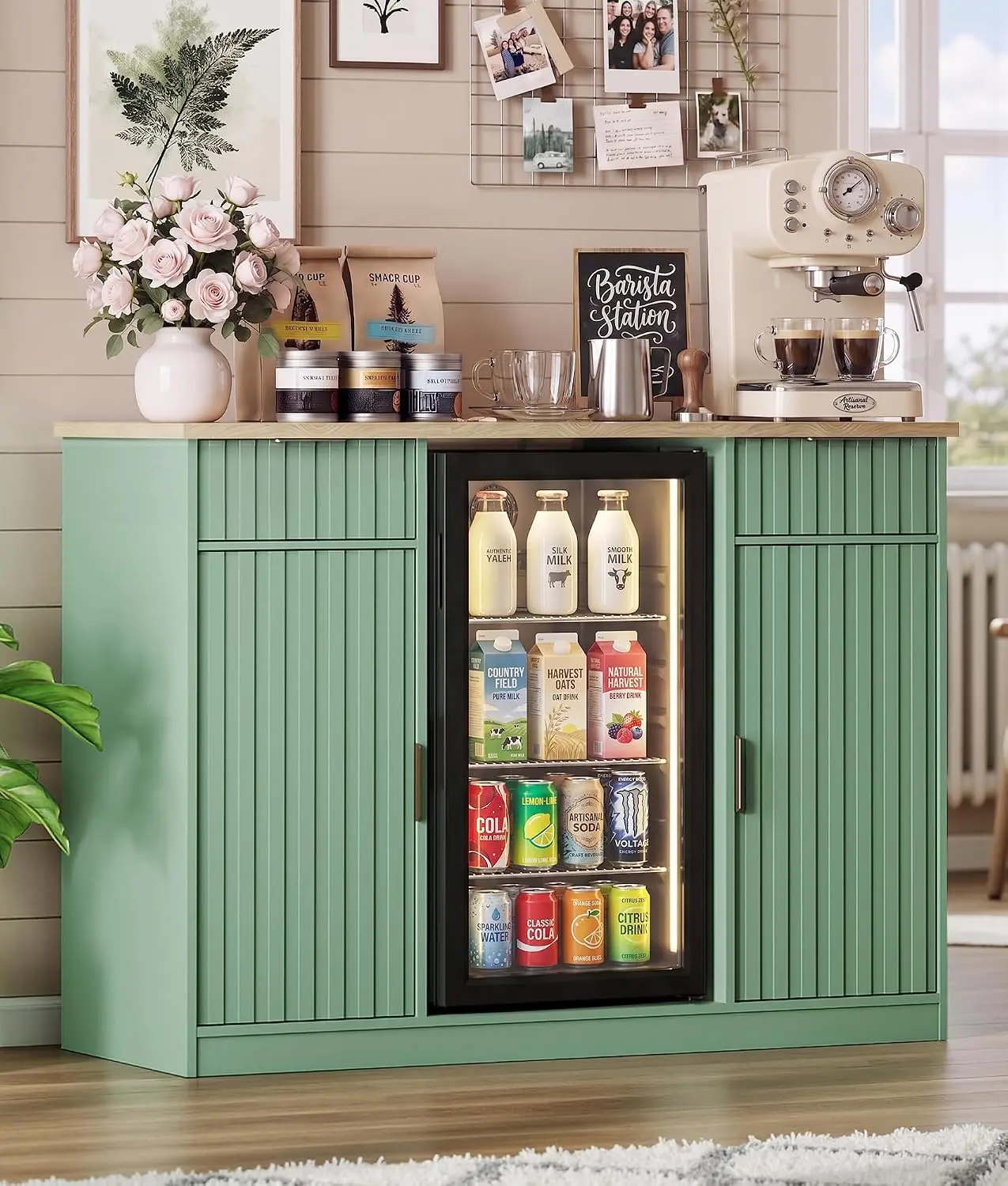 Lamtor Coffee Bar Cabinet with Fridge Space & Power Outlet, Green, Customized