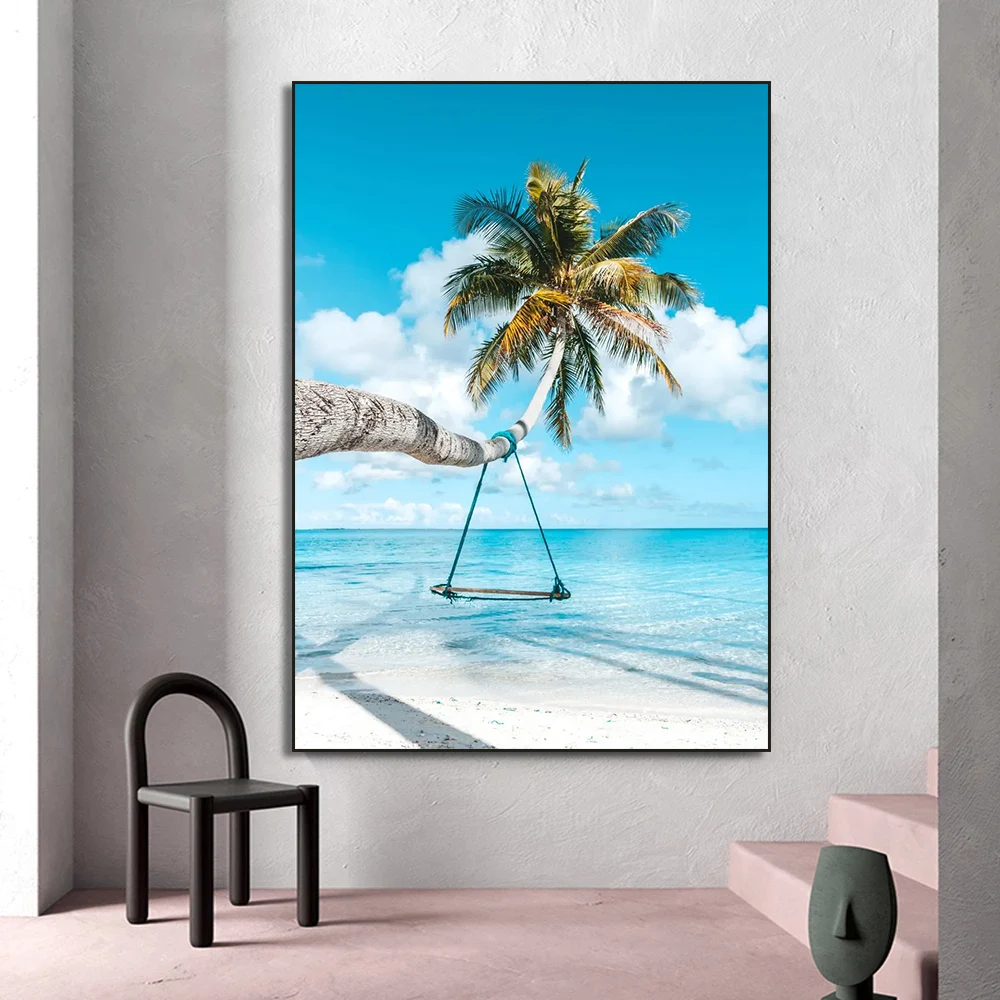 Nordic Seascape Poster Modern Bule Sky Sea Beach Ocean View Canvas Painting Print Wall Art Pictures for Living Room Home Decor