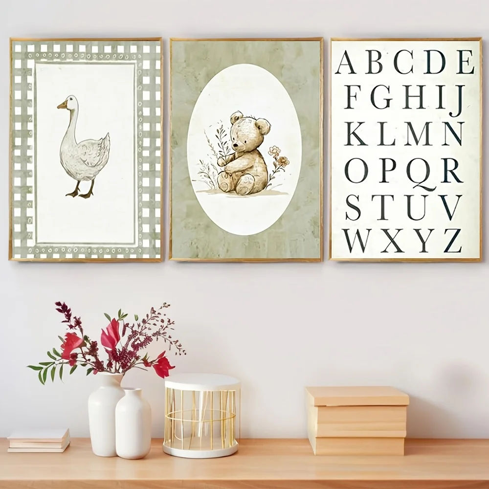 （NoFranme 3PCS）-2D Flat, 2D Flat, Set of 3 Unframed Vintage Sage Green Wall Art Featuring a Cute Teddy Bear, Duck, And Elepha