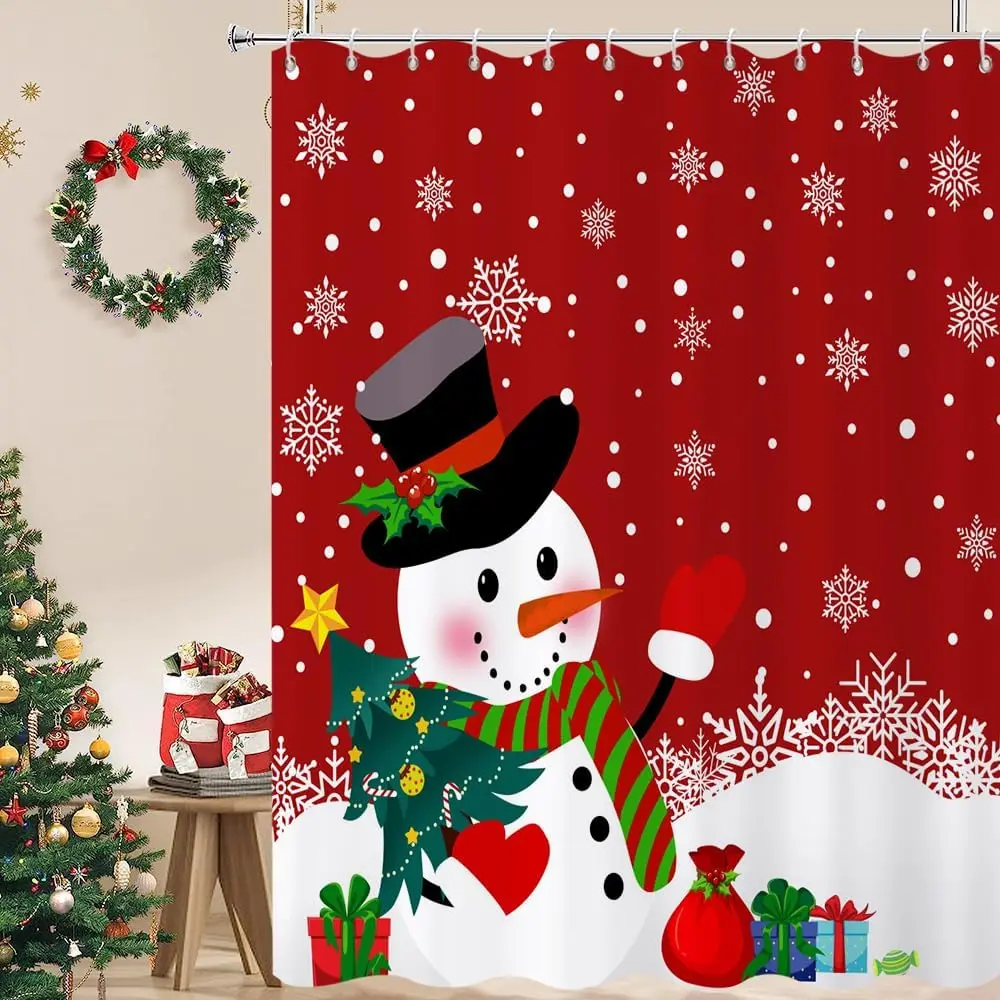

Red Christmas Snowman Shower Curtain with Snowflake Pine Tree Design, Waterproof Winter New Year Holiday Bathroom Decor