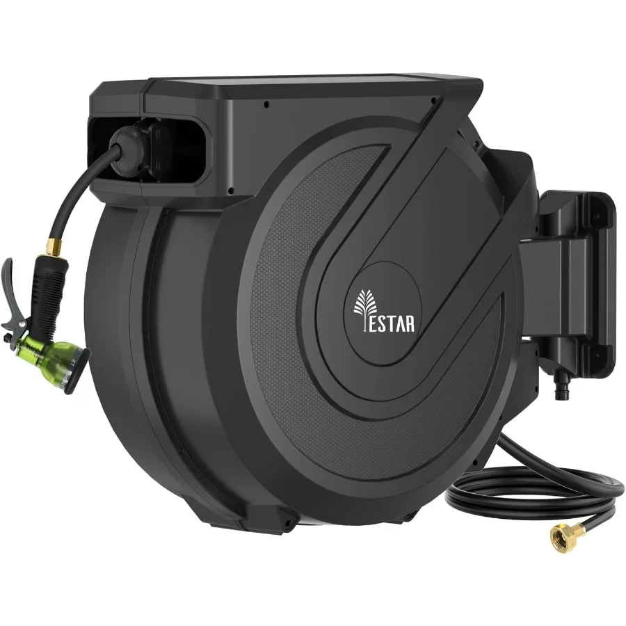 자동 회전식 정원 호스 릴 1/2 x 130피트, 7가지 패턴 노즐 포함, 야외 마당 관개용, 길이 조절 가능 잠금 기능