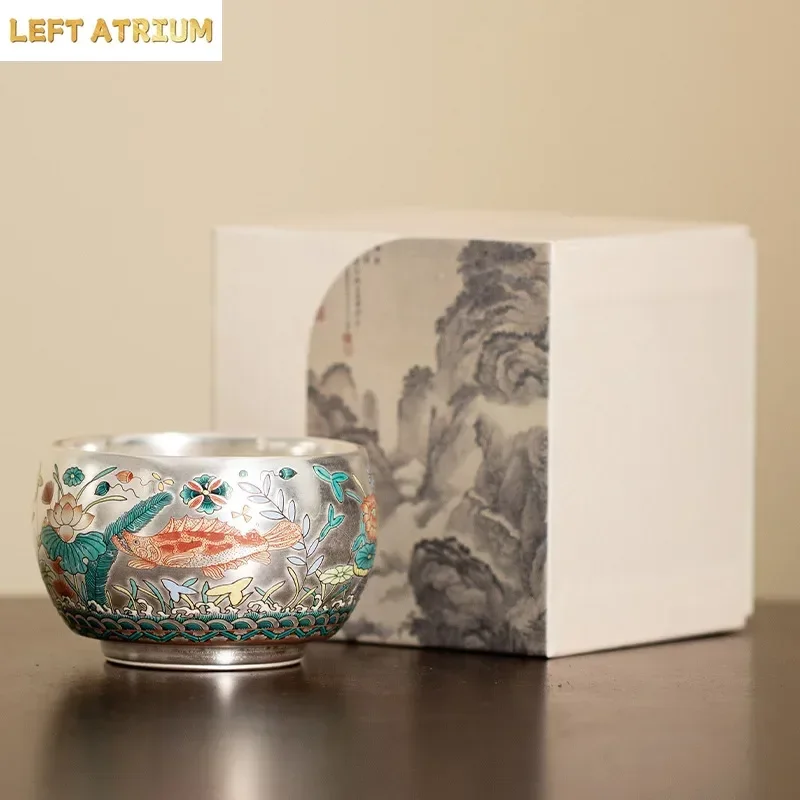 Chinese Style Tea Cup Set, Fish and Algae Pattern, Silver Gilded Master Ceramic Cups, Personal Cup, Savoring Single Kung Fu, Mug