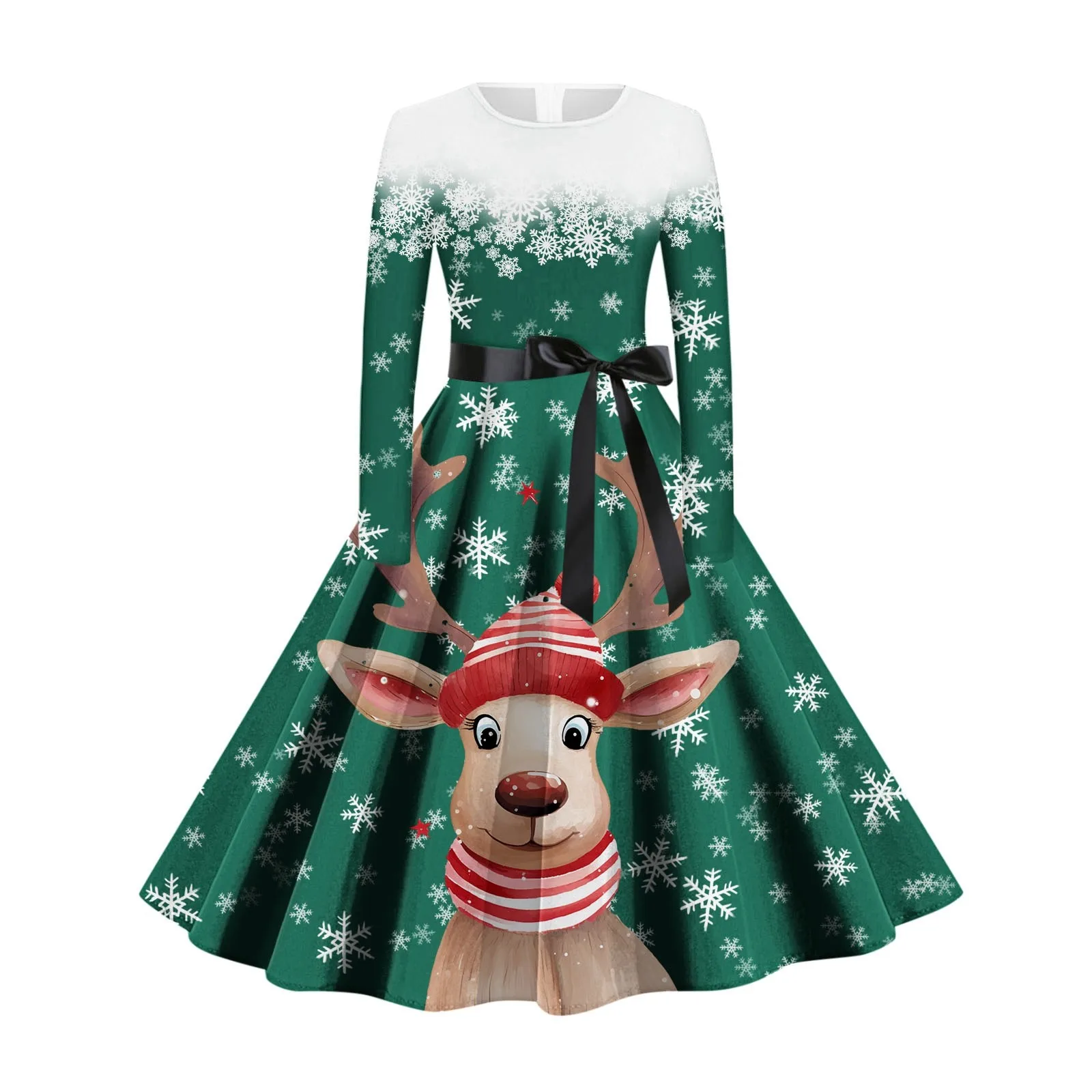 

Formal Party Festive Bow Tie Round Neck Dress Women Christmas Print Long Sleeve Flare Dresses Holiday Charm Elegant Dress