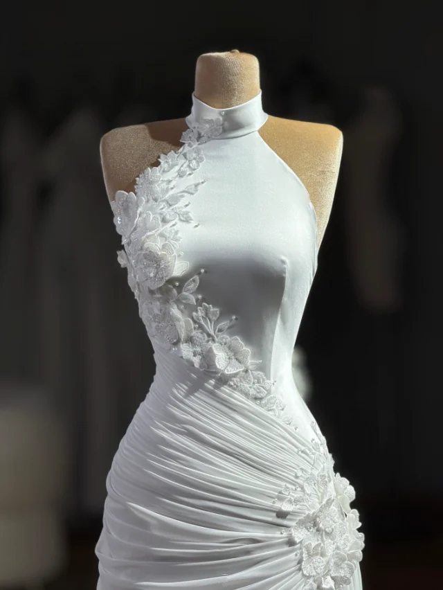 High Neck Garden Long Wedding Dresses Floral Ruched High Slit Beach Church Bridal Gown Outfit Garment Customized