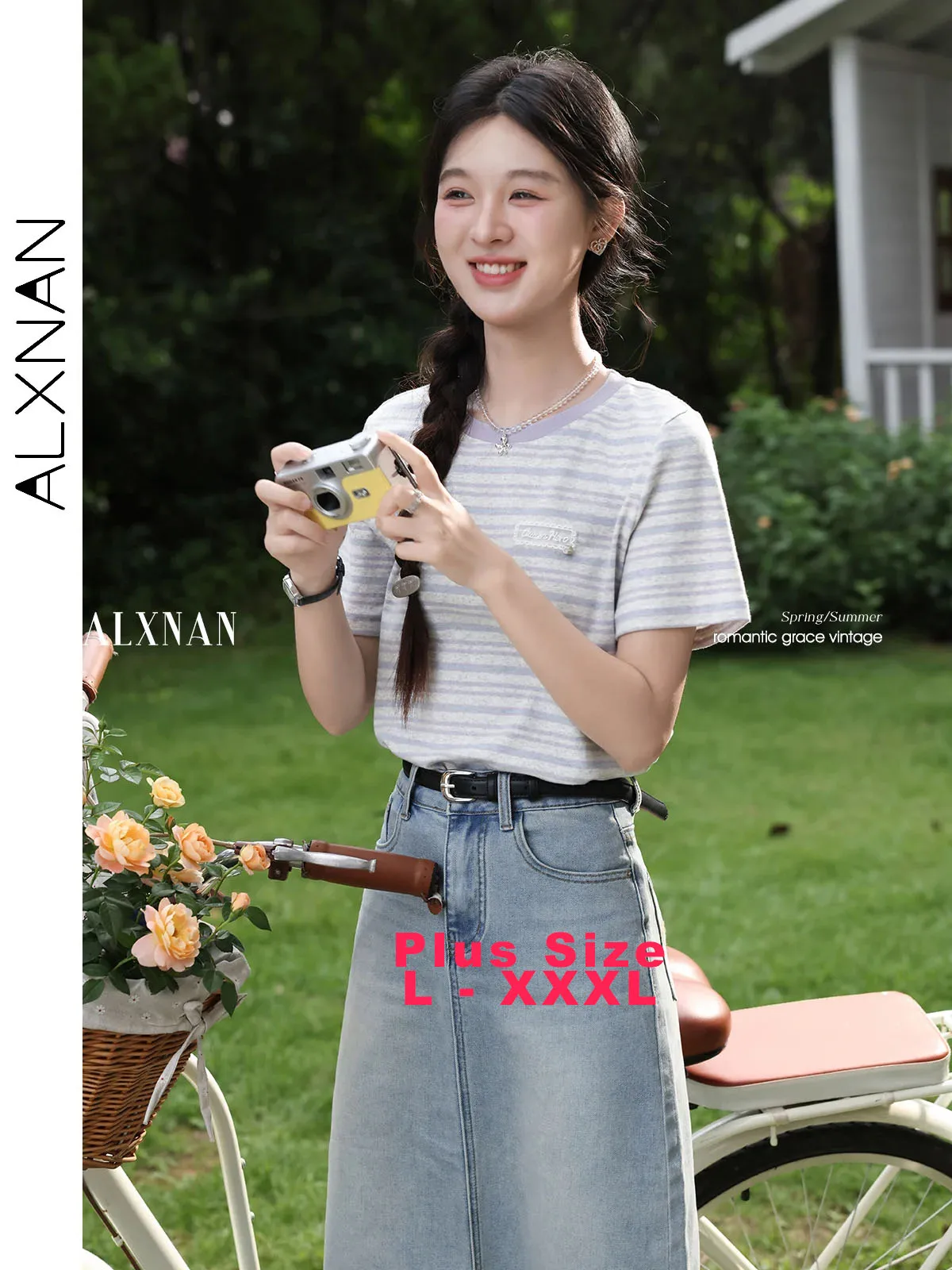 ALXNAN Plus Size vrouwen T-shirt Paars Ronde Hals Gestreepte Katoenen T-shirts Zomer Elegant Office Lady Korte Mouw Tops D12036