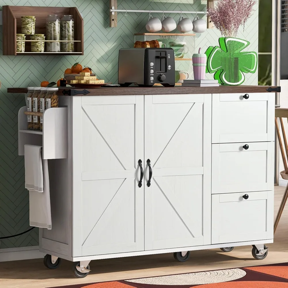 

Farmhouse Rolling Kitchen Cart Island with Power Outlet & Drop Leaf, Wooden Mobile Storage Island on Wheels with Drawers