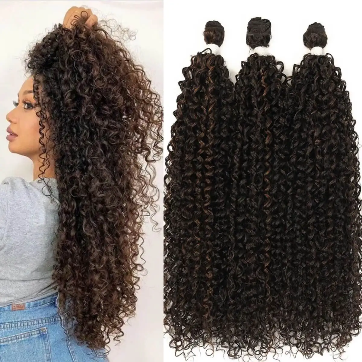 

Синтетические монгольские вьющиеся волосы для наращивания, распущенная вода, 3 пучка, 150 грамм, странные вьющиеся волосы из органического волокна, плетение волос