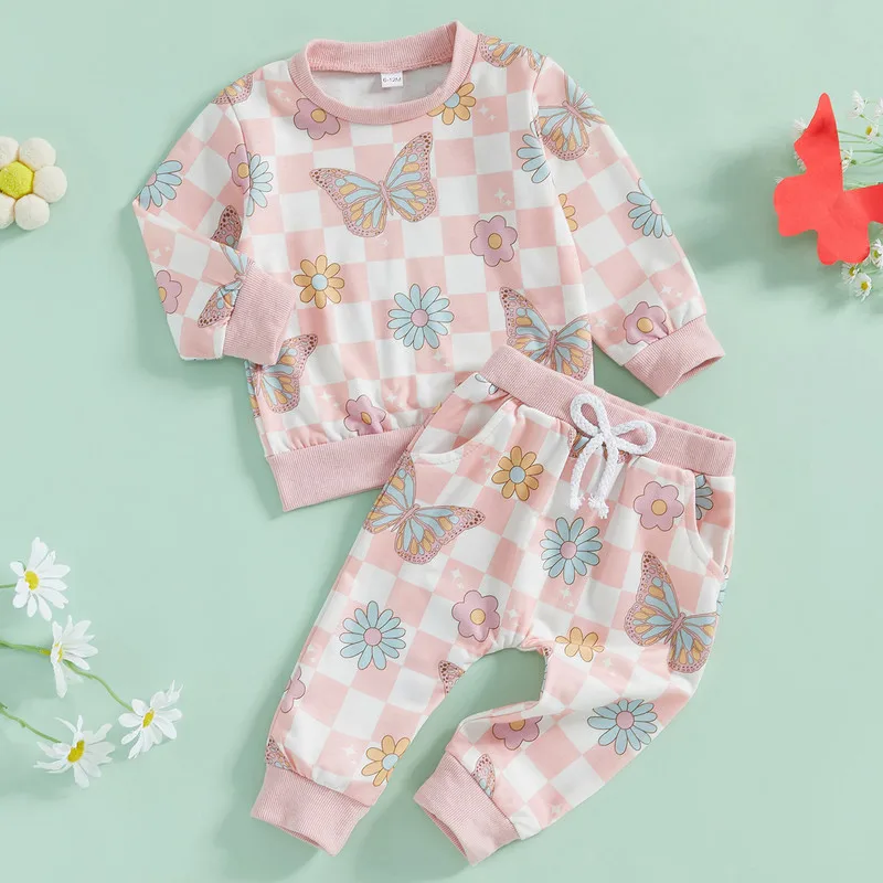 RUEWEY 6 Months to 4 Years Baby Girl 2Pcs Pant Sets Spring Autumn Clothes Long Sleeve Checkerboard Flower Sweatshirt + Pants Set