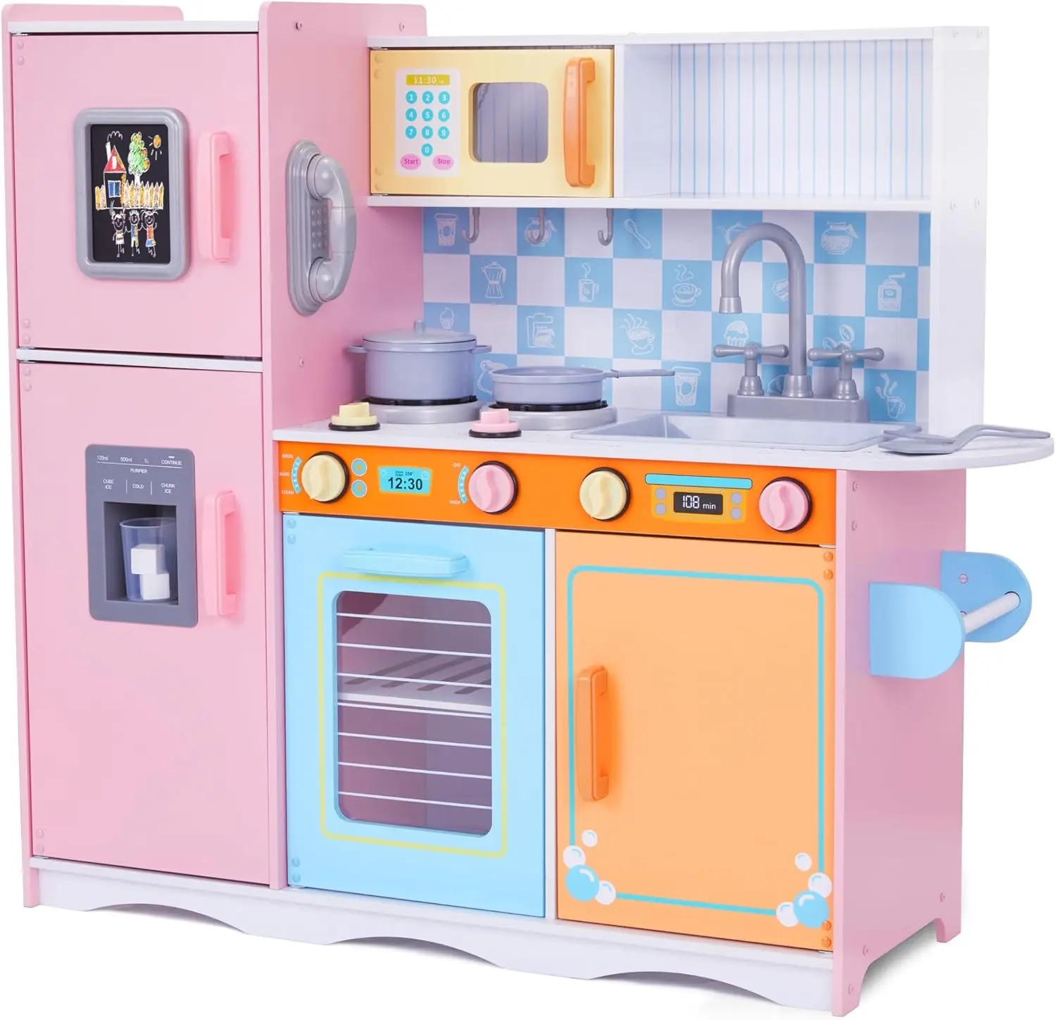 Kids Kitchen Set, Pretend Wooden Play Kitchen with Chalk Board, Play Phone, Towel Rack & Ice Dispenser, Clicking Knobs, Pots & U