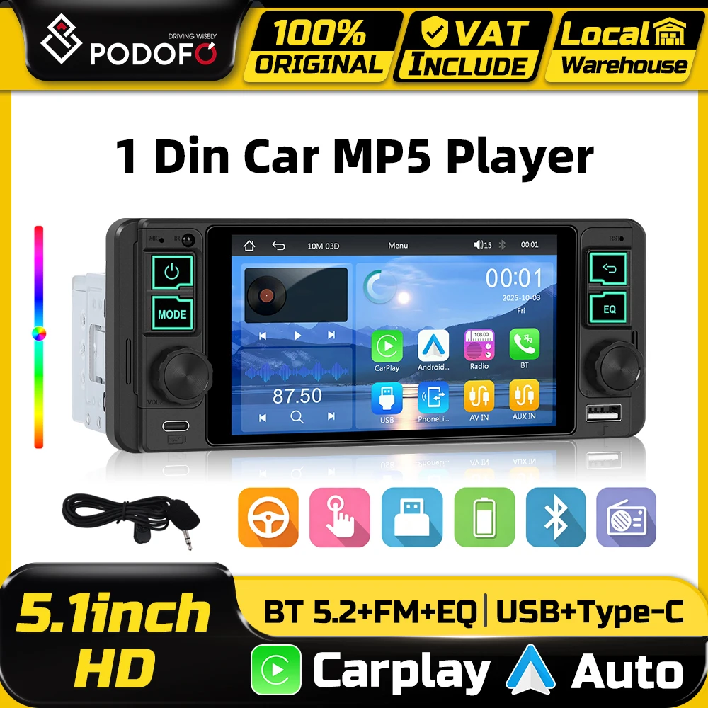 Podofo 1 Din Autoradio-Player MP5 5,1-Zoll-Touchscreen Mirror Link Multimedia-Videoplayer BT EQ FM-Radio Stereo Intelligente Autosysteme