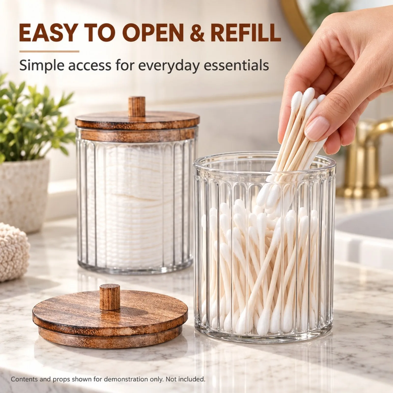 Clear Ribbed Bathroom Organizer Jars with DIY Stickers, 3-Piece Plastic Vanity Containers for Cotton Pads and Small Essentials - view 4