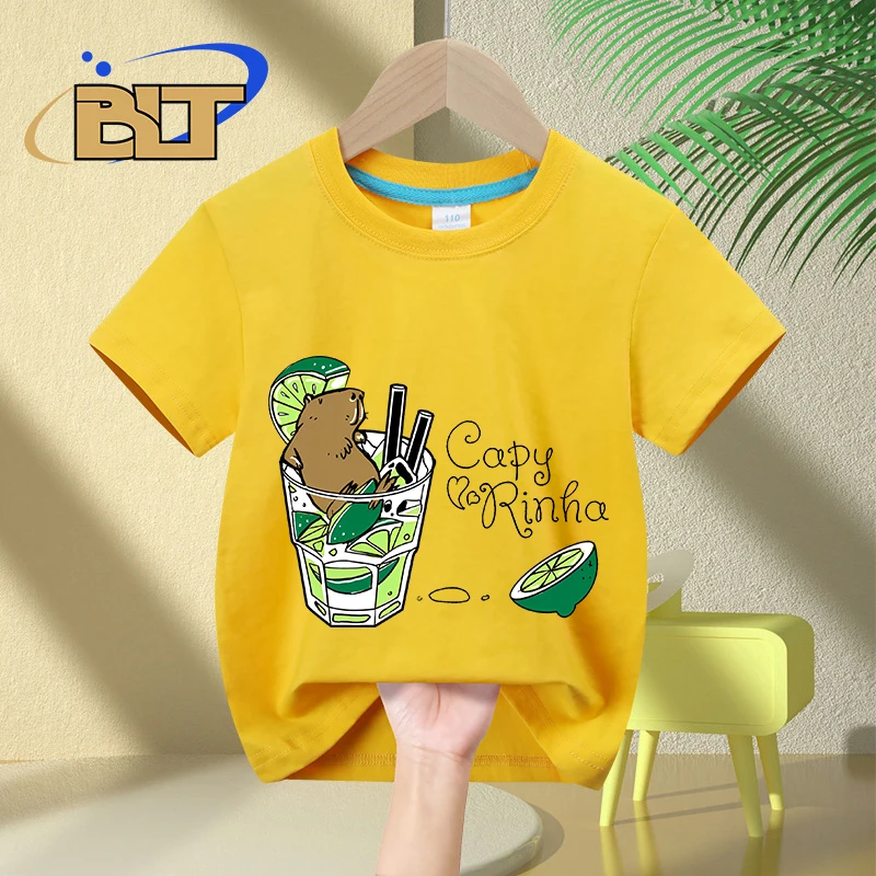 T-shirt à manches courtes en coton imprimé dessin animé pour enfants, Cabybara + Caipirinha = Capyrinha, médicaments décontractés pour garçons et filles, été