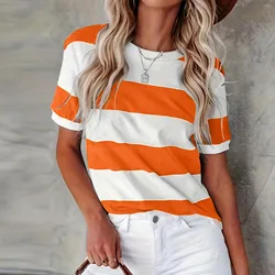 Women 2024 Summer New Fashion Stripe Printed Round Collar Short Sleeve T-Shirt Leisure Female Tshirt Korean Simple Basic T-Shirt