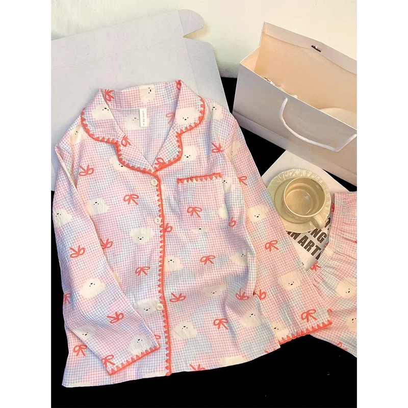 

Pajama Aesthetic Sets Women Knitted Cotton Blend Sleepwear Textured Comfortable Design V Neck Short Sleeve Bermuda Shorts All OL