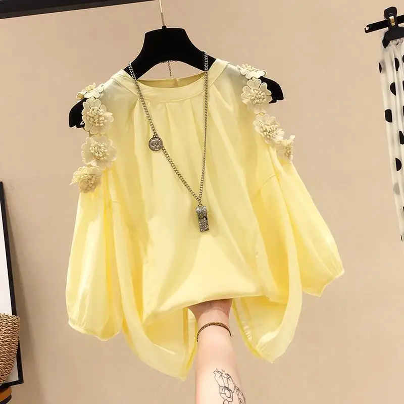 Flower Off Shoulder Chiffon Women Short Sleeved 2024 Summer New Round Neck Korean Loose Solid Color Large Size All-match Tops